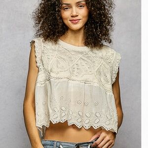 POL Cream Crochet Eyelet Cropped Tank Top